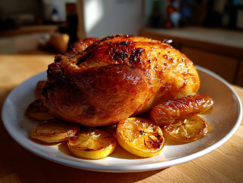 Pollo al horno dorado servido en plato blanco con rodajas de limón asado.