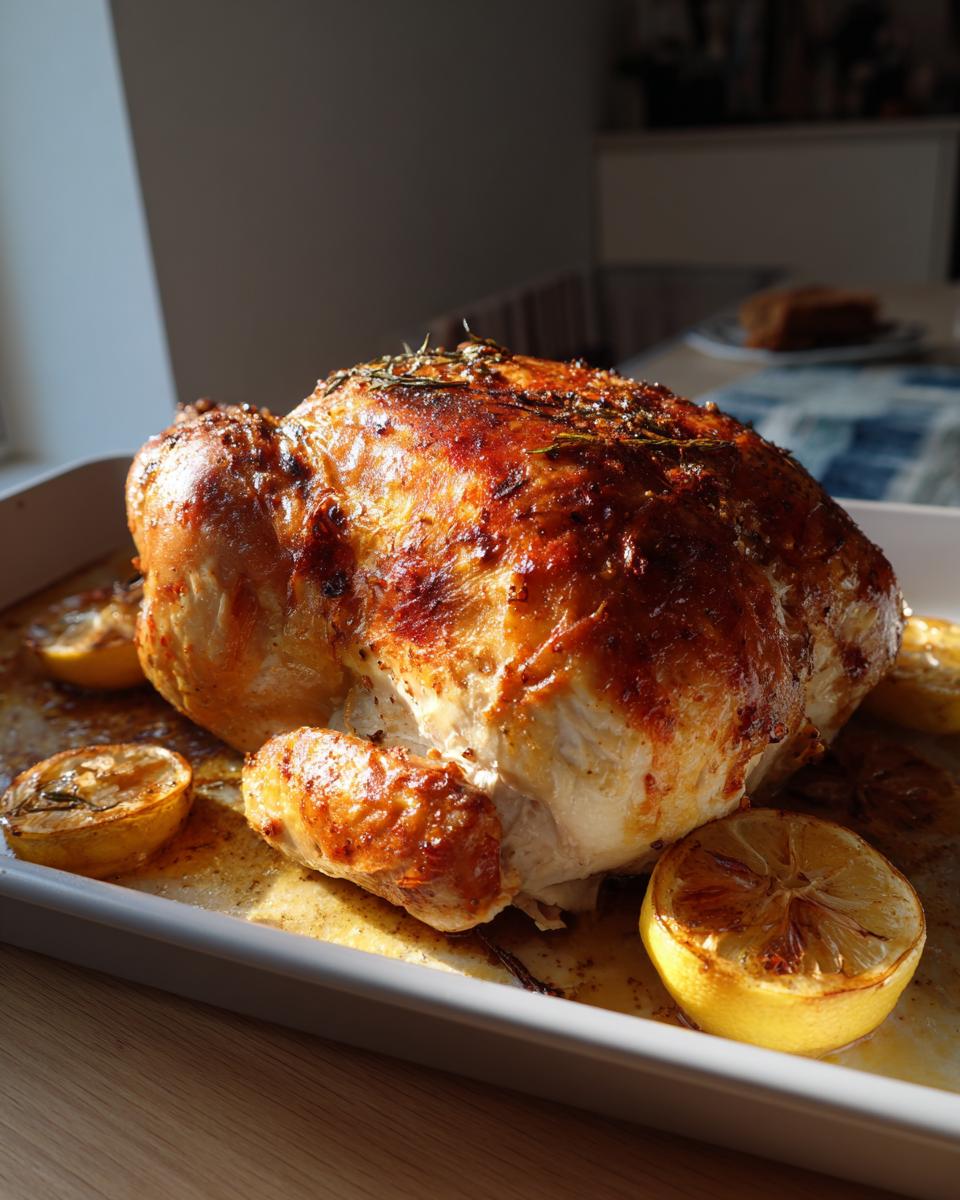 Pollo al horno jugoso dorado con rodajas de limón asado en bandeja blanca