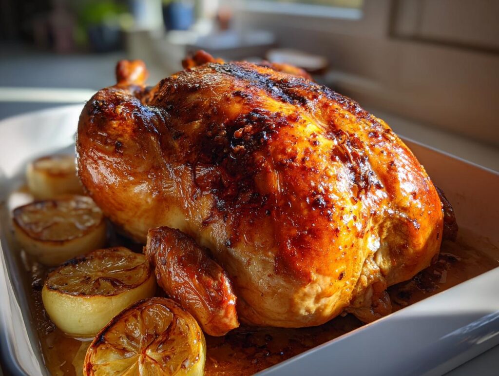 Pollo al horno jugoso dorado con rodajas de limón asado en fuente blanca