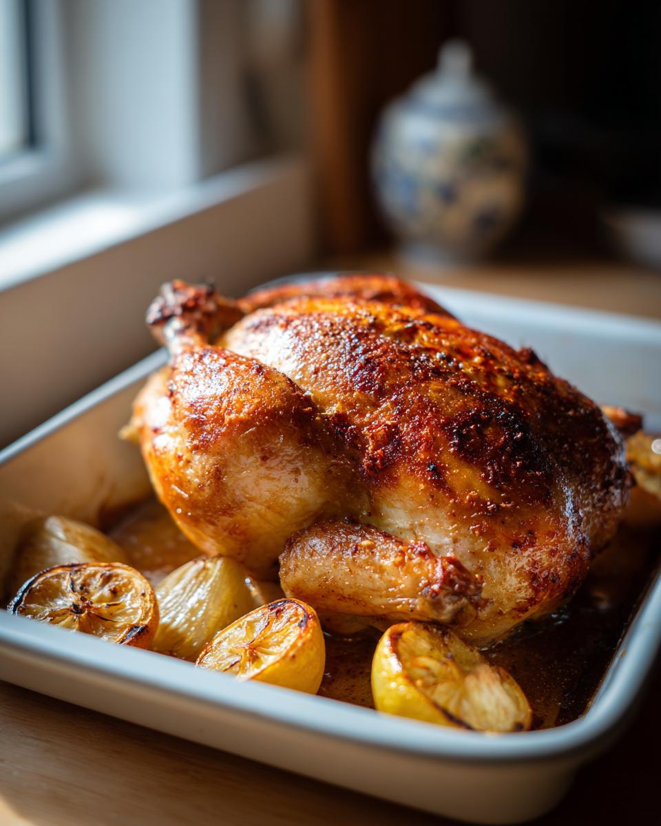 Pollo al horno jugoso dorado con rodajas de limón asado en bandeja de horno