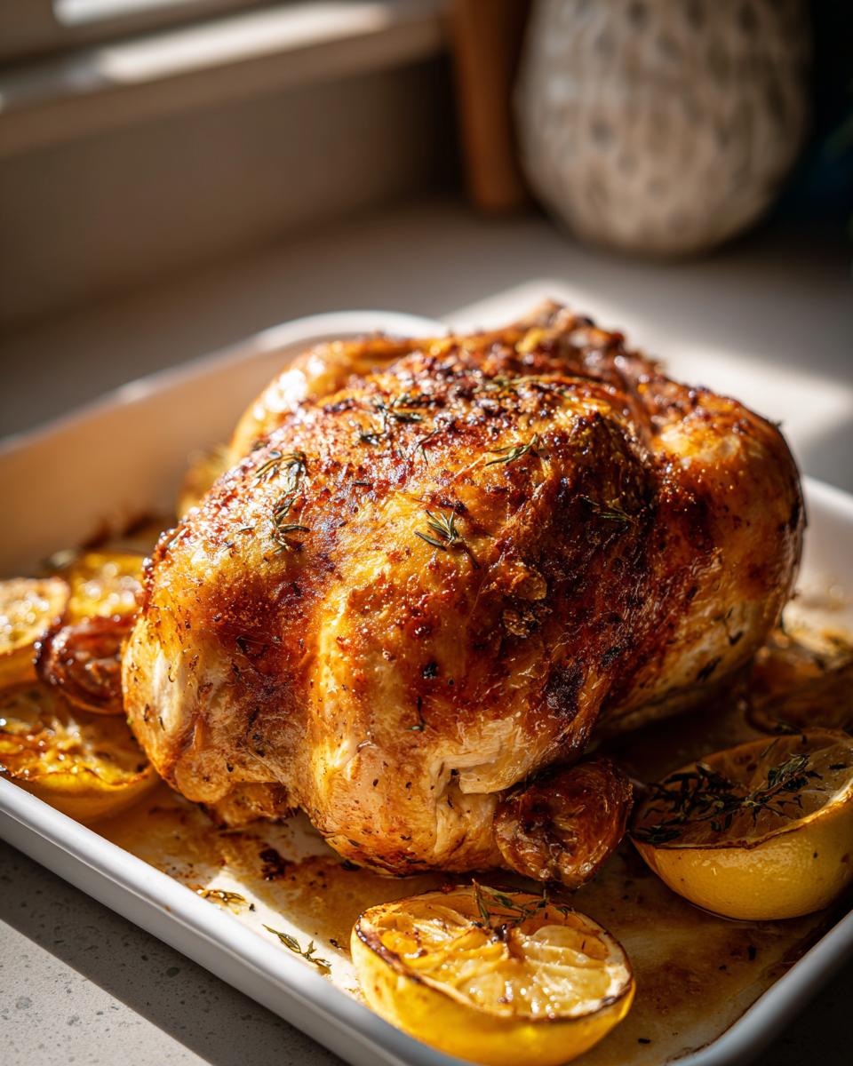 Pollo al horno jugoso dorado con rodajas de limón y hierbas en bandeja blanca