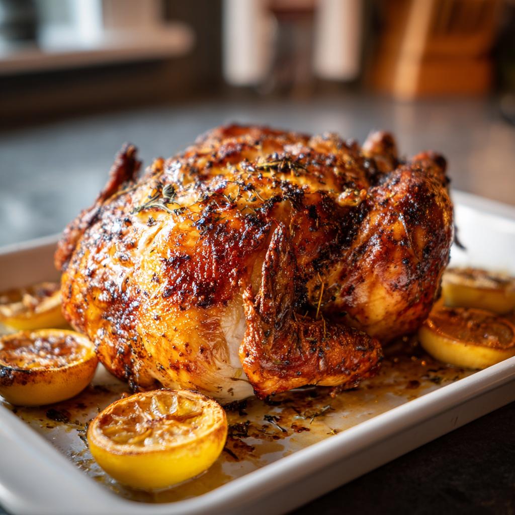 Pollo al horno jugoso dorado con hierbas y rodajas de limón asado en bandeja blanca
