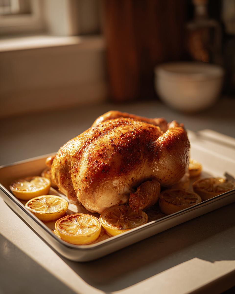Pollo al horno jugoso dorado con rodajas de limón asado en bandeja