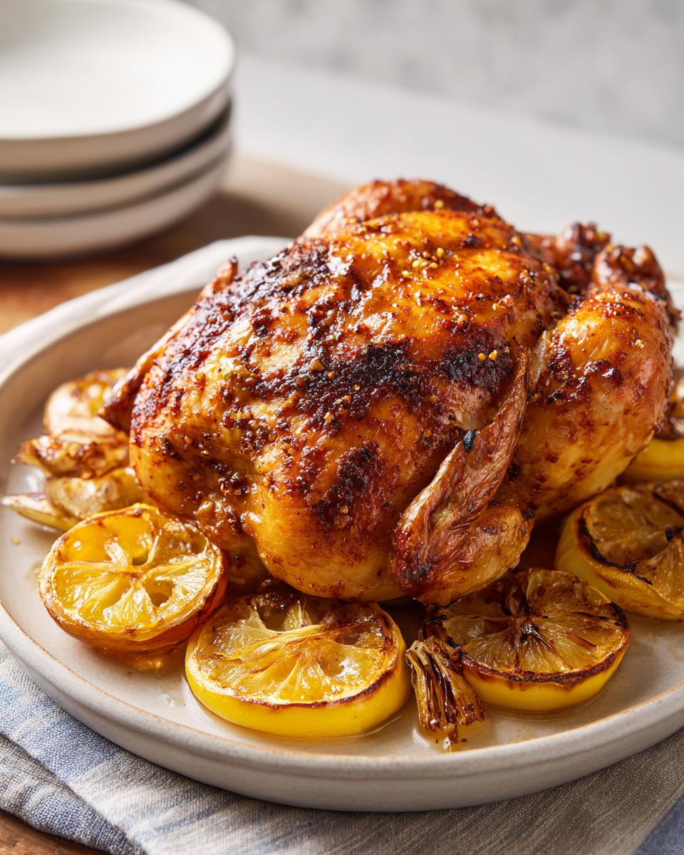 Pollo al horno dorado servido en plato con rodajas de limón asado alrededor