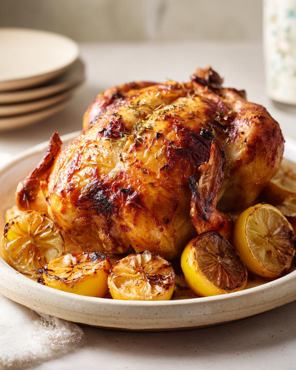 Pollo al horno dorado servido con rodajas de limón asado en plato beige.
