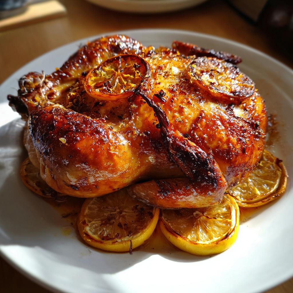 Pollo al horno dorado con rodajas de limón asado sobre plato blanco