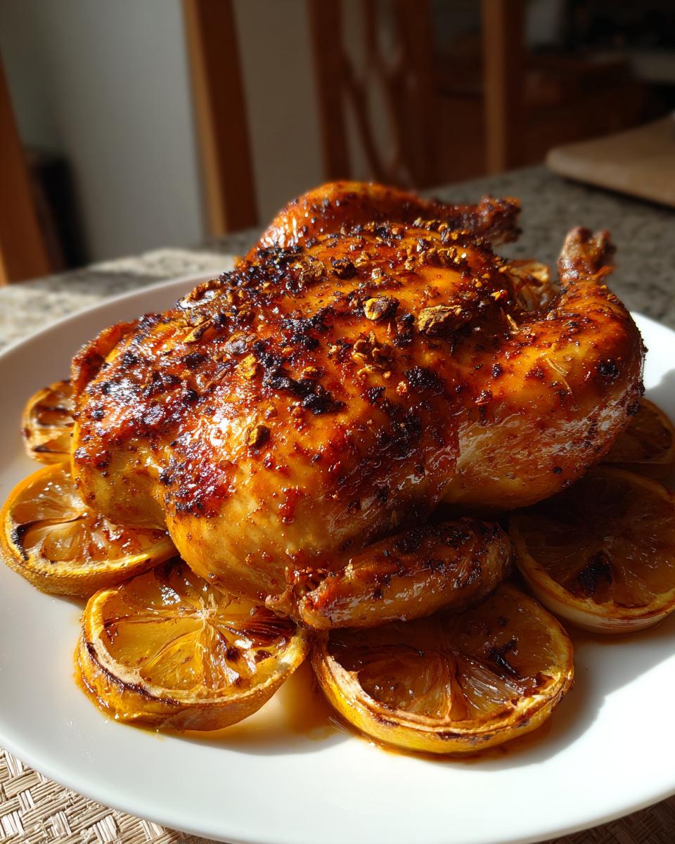 Pollo al horno dorado con especias y rodajas de limón asado en plato blanco