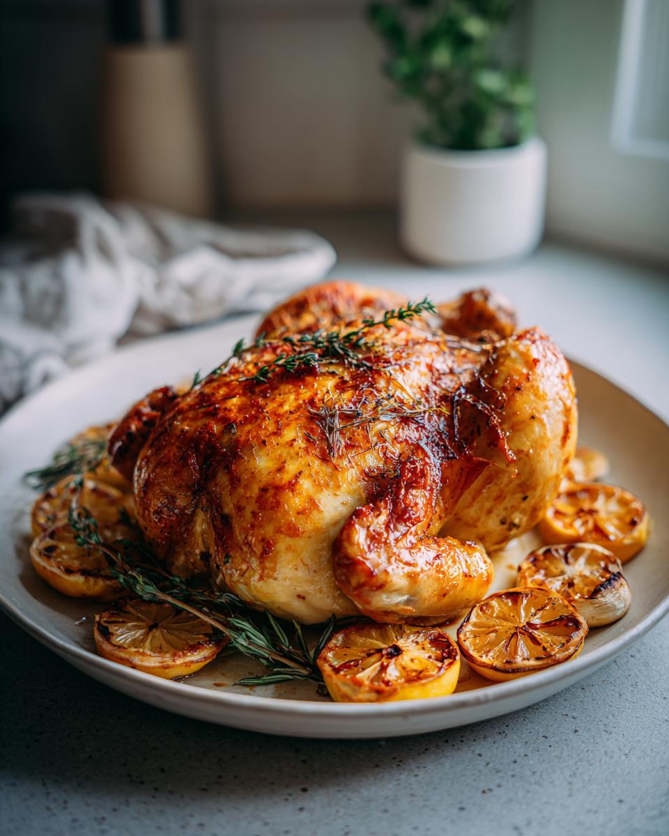 Pollo al horno dorado servido con rodajas de limón asado y hierbas frescas en plato blanco
