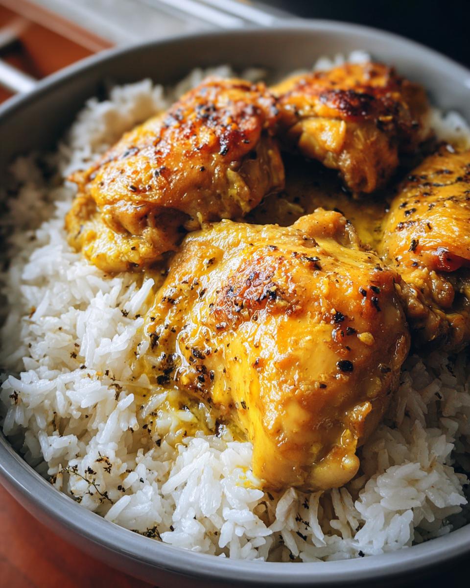 Pollo dorado y jugoso sobre una cama de arroz blanco cocido en olla