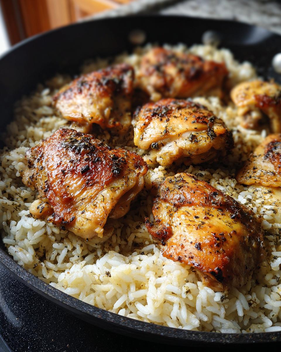Pollo dorado con hierbas sobre arroz blanco cocido en sartén, receta económica para familias grandes