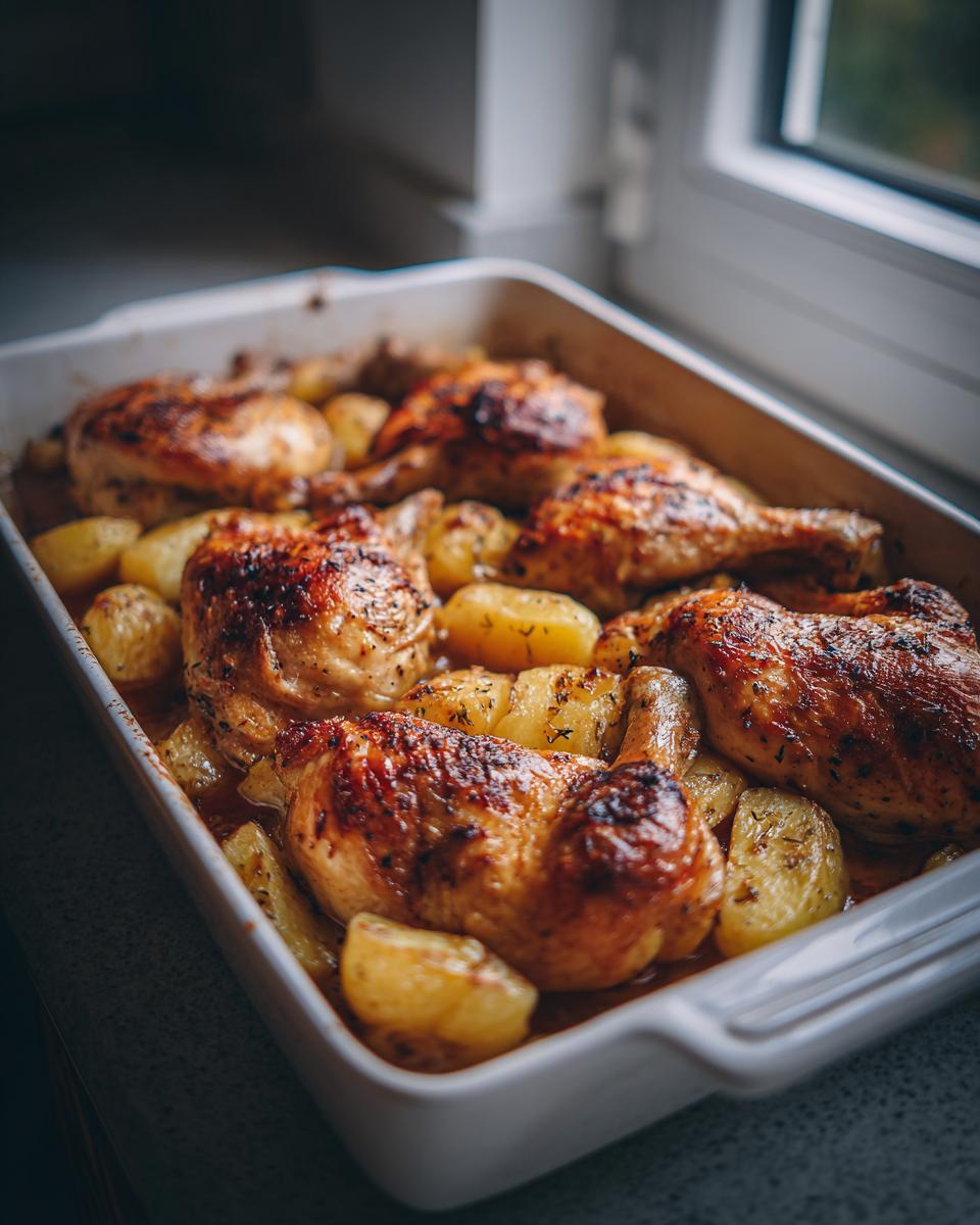 Pollo asado dorado con papas al horno en una fuente blanca, listo para servir.