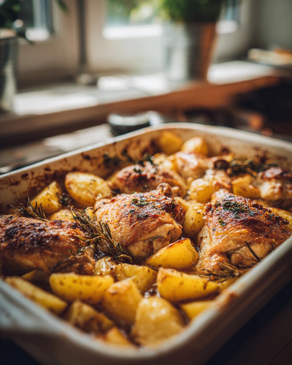 Pollo asado dorado con papas y hierbas en una fuente de horno, ideal para recetas de cenas de domingo virales