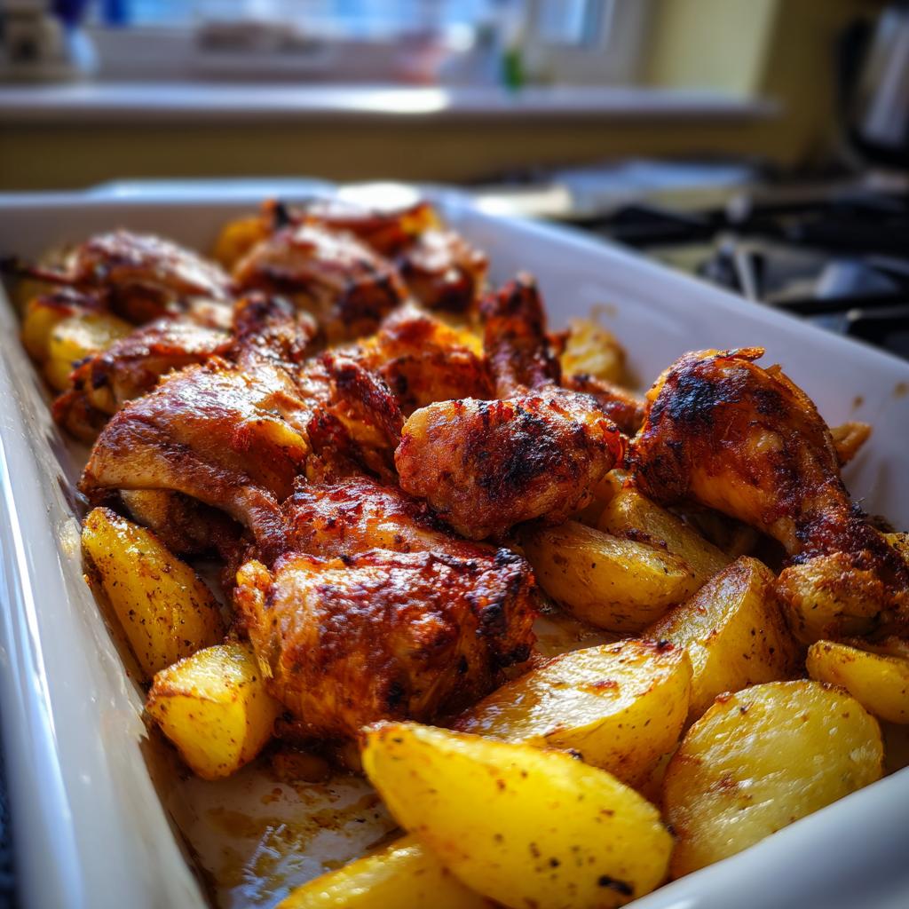 Pollo asado dorado con papas al horno en fuente blanca, receta de cenas de domingo virales