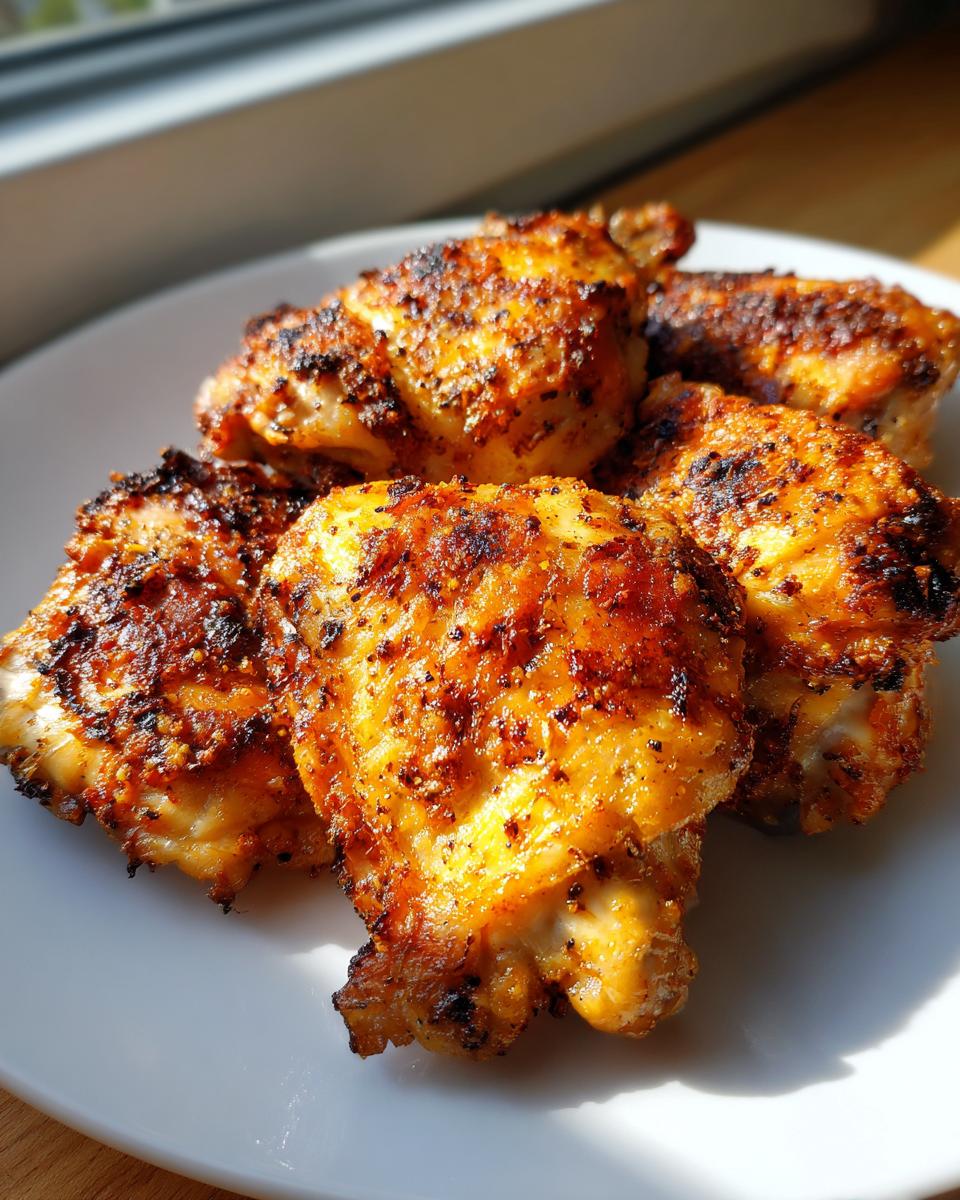Piezas de pollo dorado y crujiente cocinadas en freidora de aire sobre plato blanco.