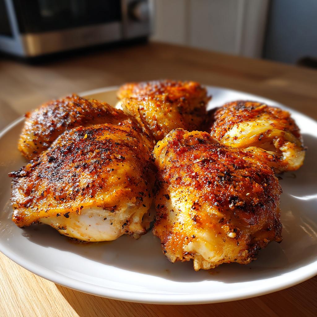 Piezas de pollo dorado y crujiente cocinadas en freidora de aire servidas en plato blanco
