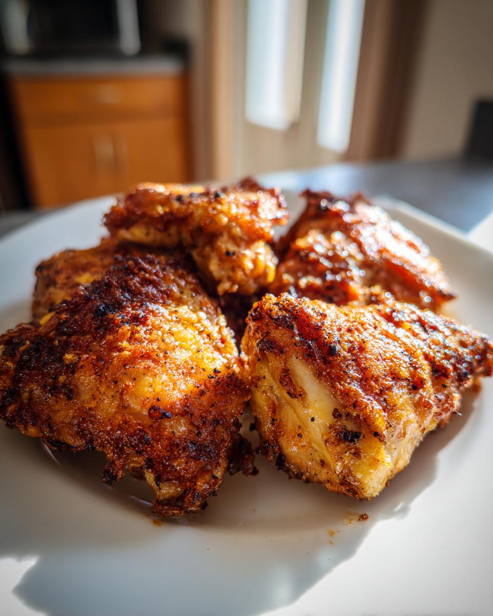 Piezas de pollo crujiente y dorado cocinadas en freidora de aire sobre plato blanco