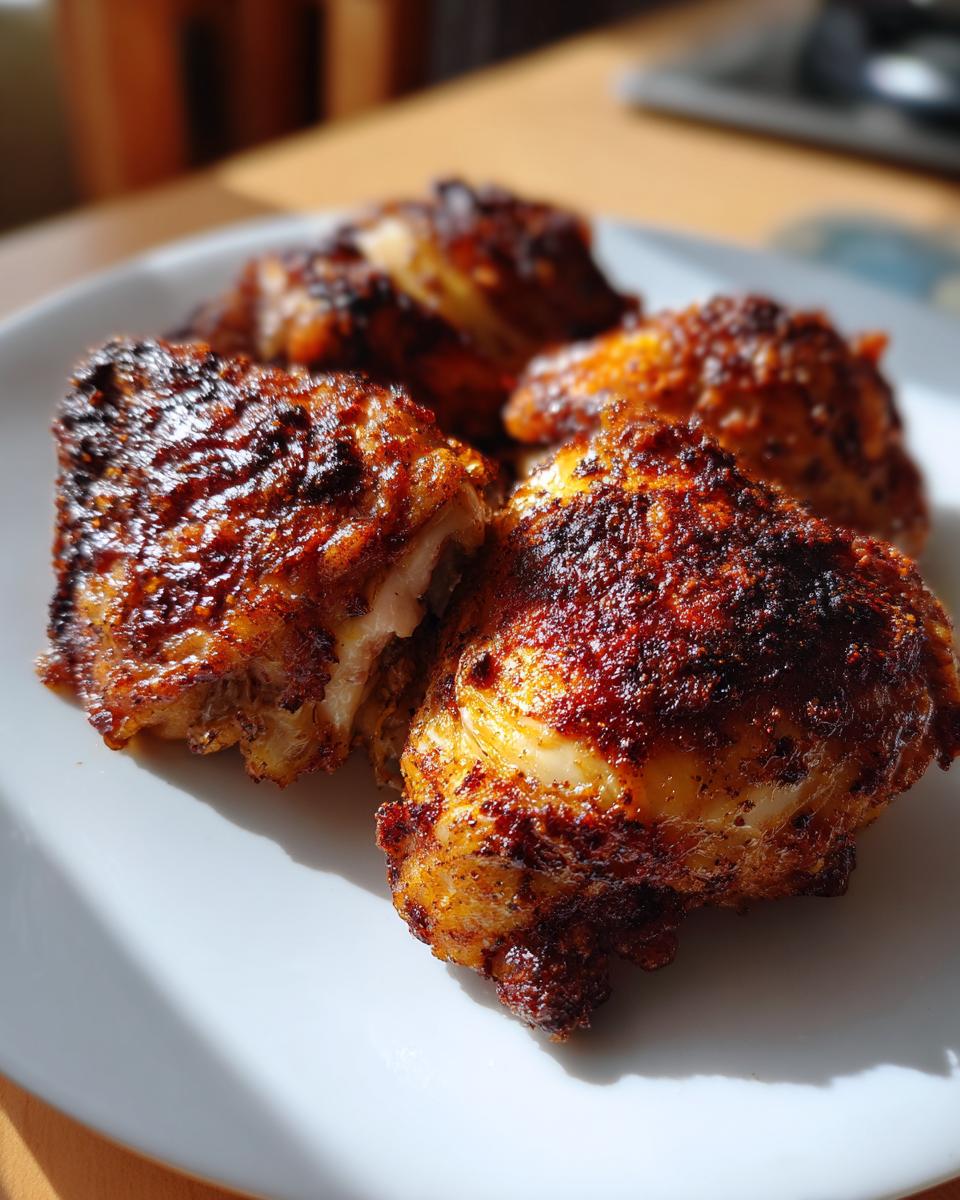 Cuatro piezas de pollo crujiente cocinadas en freidora de aire sobre plato blanco.