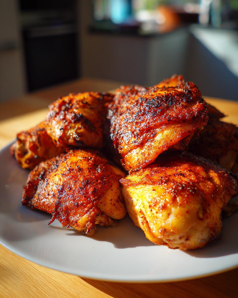 Piezas de pollo dorado y crujiente cocinadas en freidora de aire sobre plato blanco