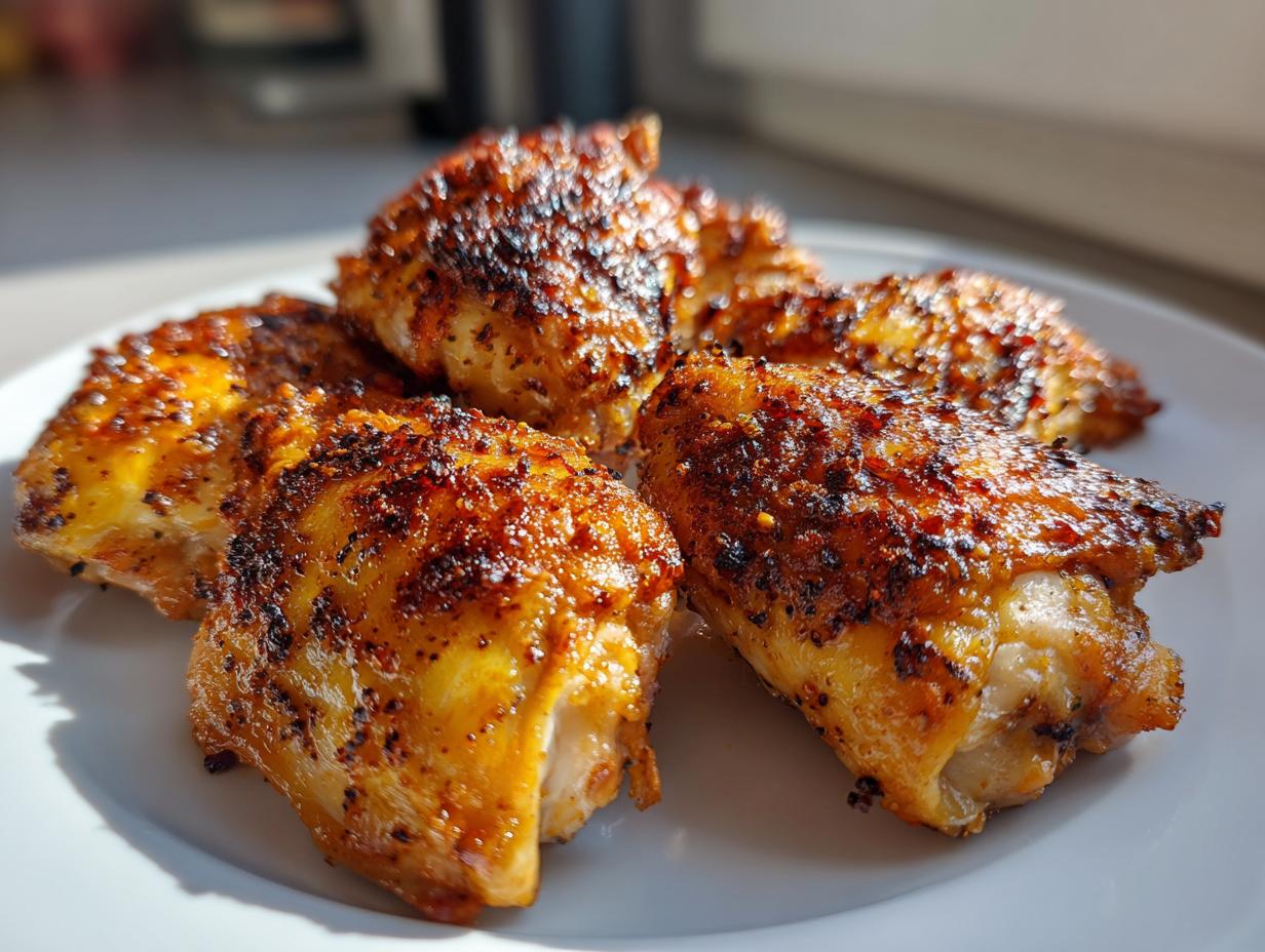 Piezas de pollo dorado y crujiente recién hechas en freidora de aire sobre plato blanco