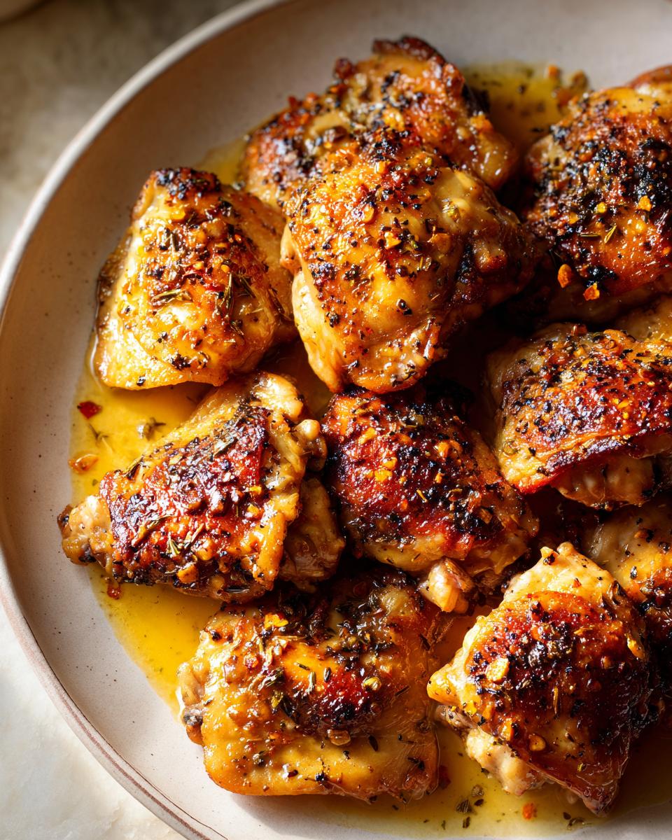 Pollo dorado y jugoso con especias servido en plato, ideal para recetas familiares para el fin de semana