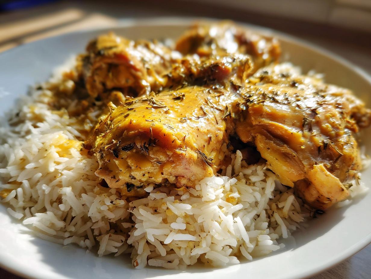 Plato de pollo guisado con especias sobre arroz blanco, ideal para recetas económicas para familias grandes
