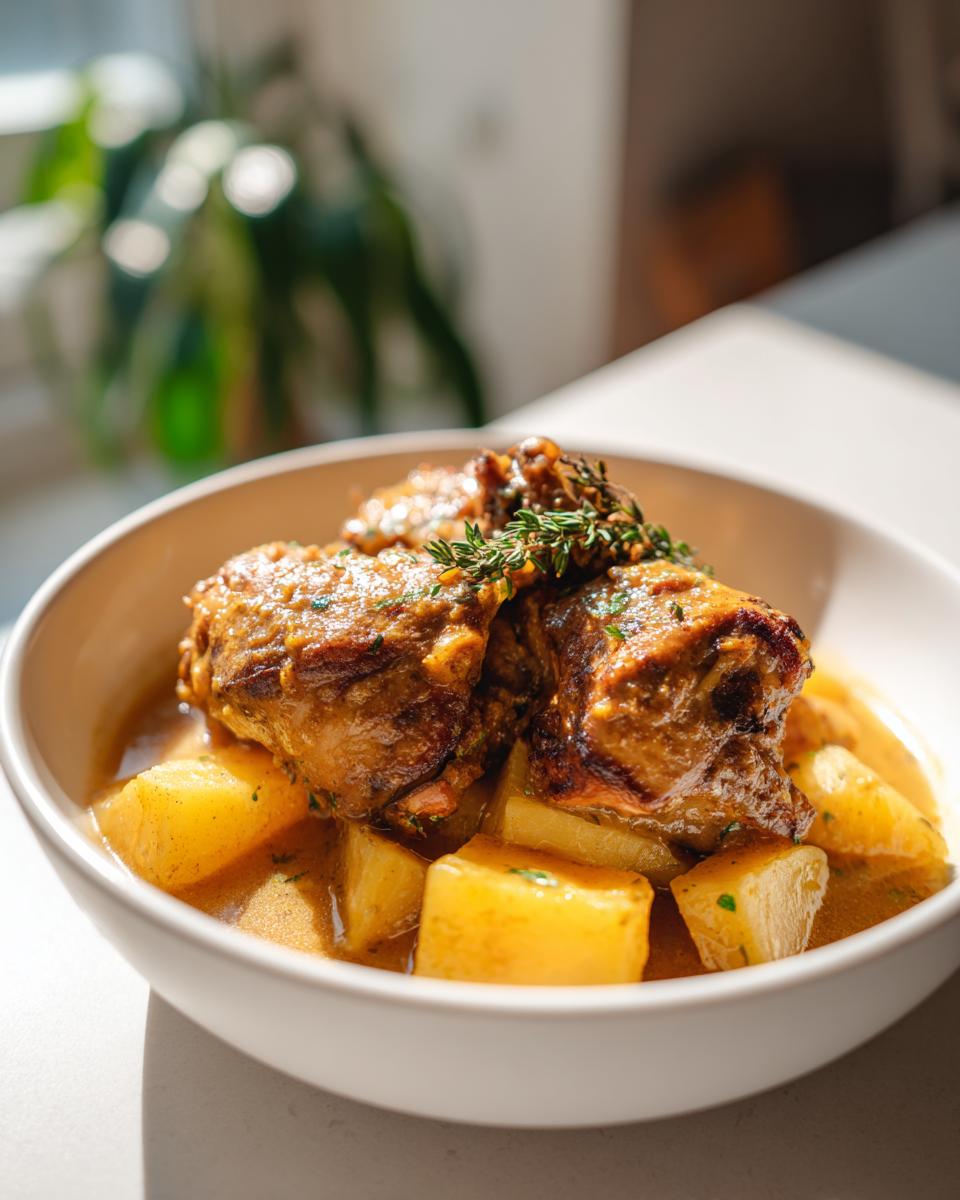 Plato con pollo guisado y papas en salsa, decorado con hierbas frescas en una sola olla