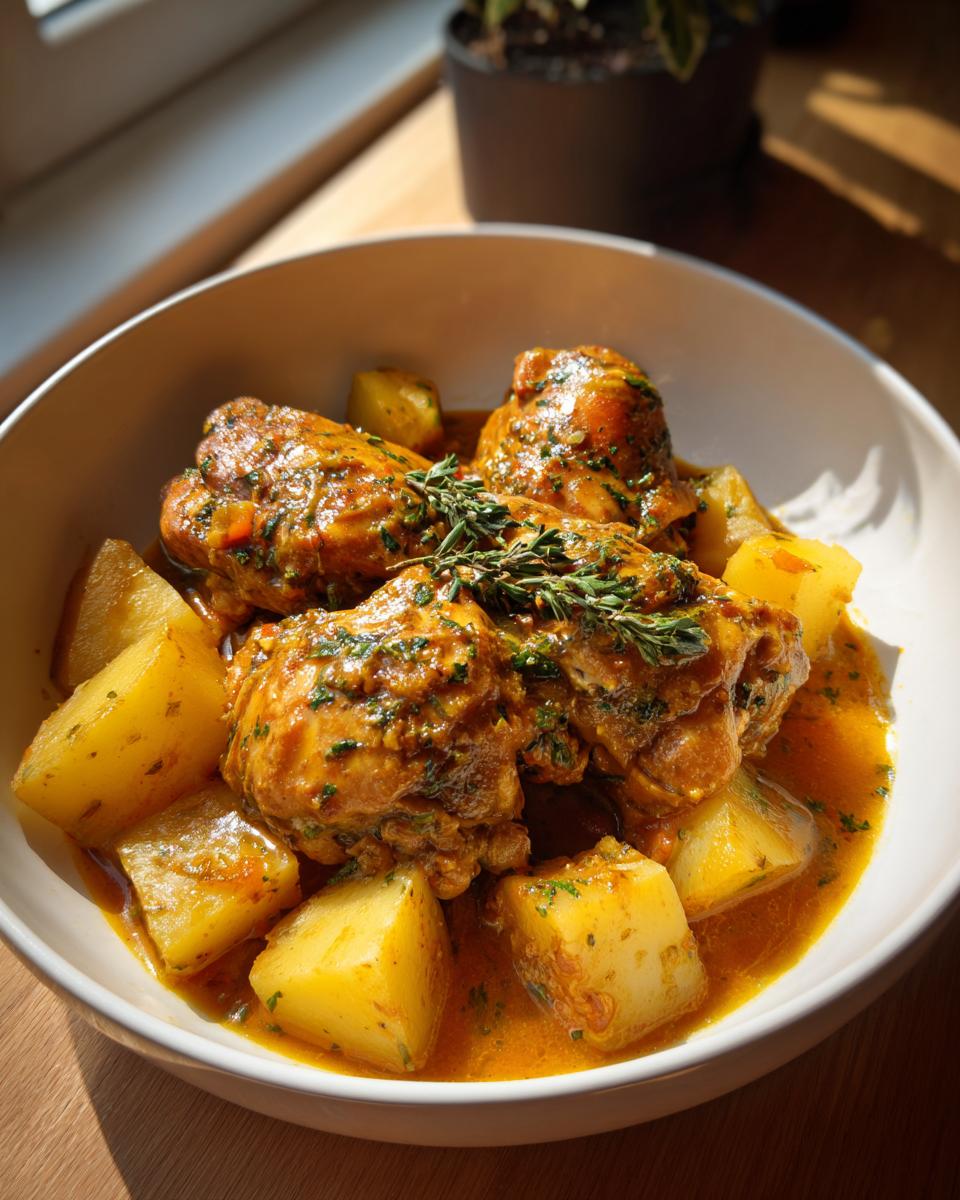 Plato de pollo guisado con papas en salsa, decorado con hierbas frescas en una sola olla