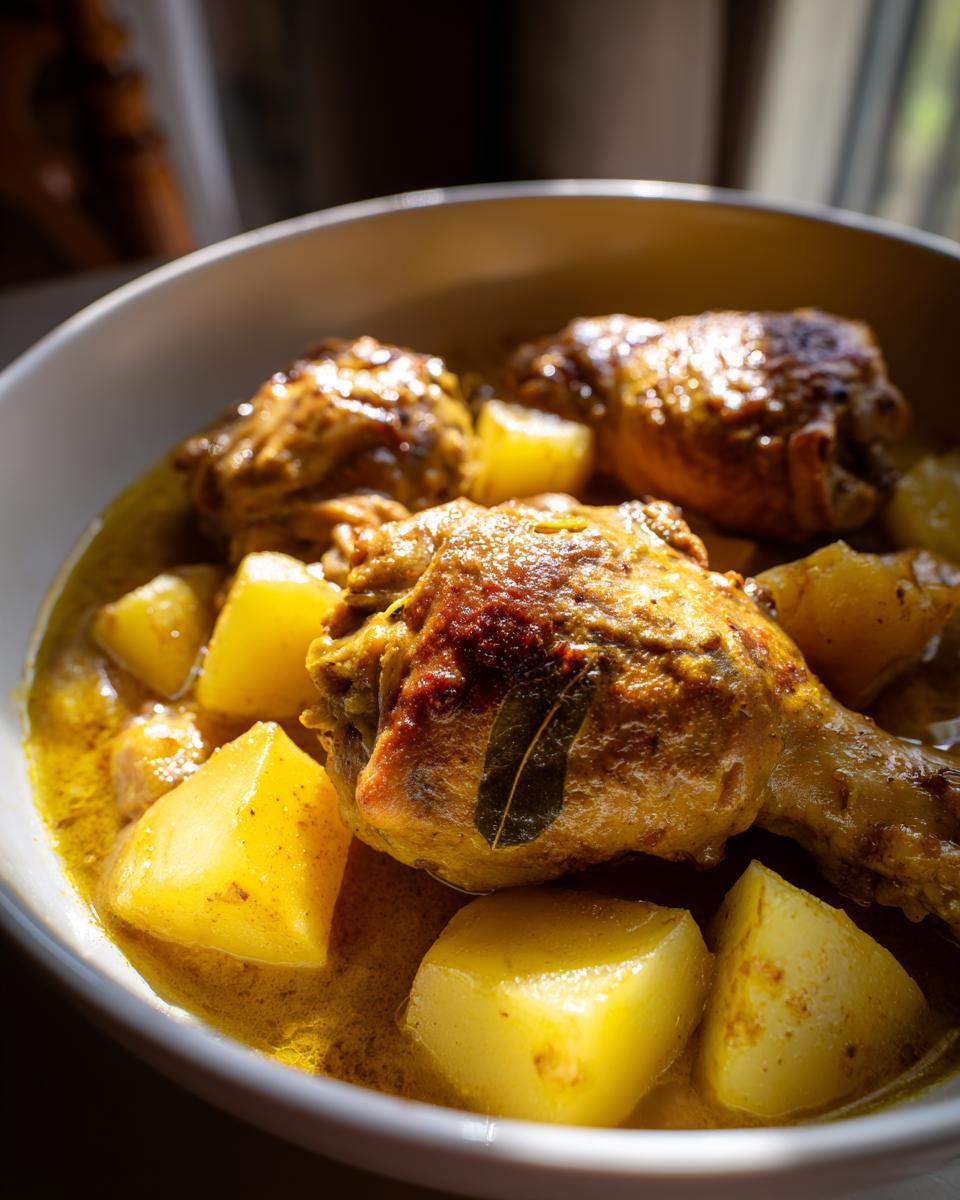 Pollo guisado con papas en una sola olla, mostrando trozos dorados y jugosos en salsa.