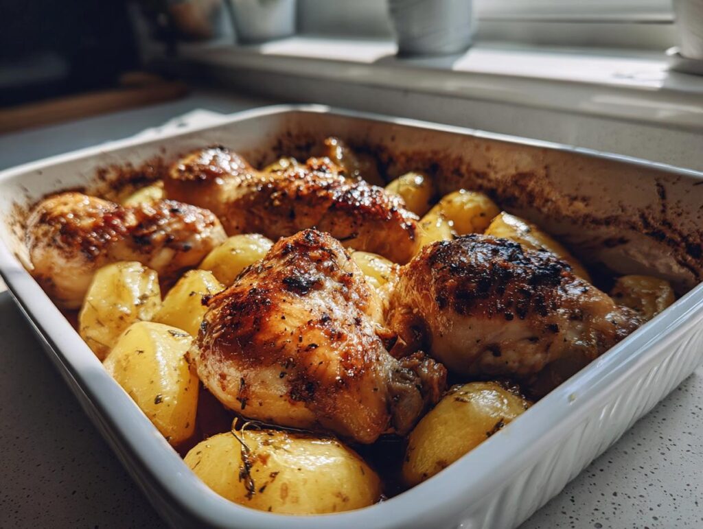 Pollo al horno dorado con papas asadas en una bandeja blanca, receta de cenas de domingo virales