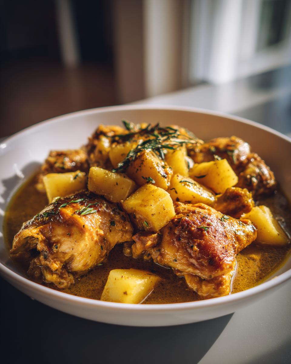 Plato de pollo con papas cocinado en una sola olla con hierbas y salsa.