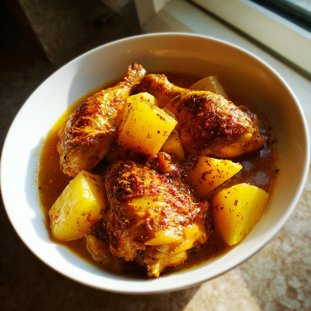 Plato con pollo dorado y papas cocidas en salsa, receta de cenas en una sola olla