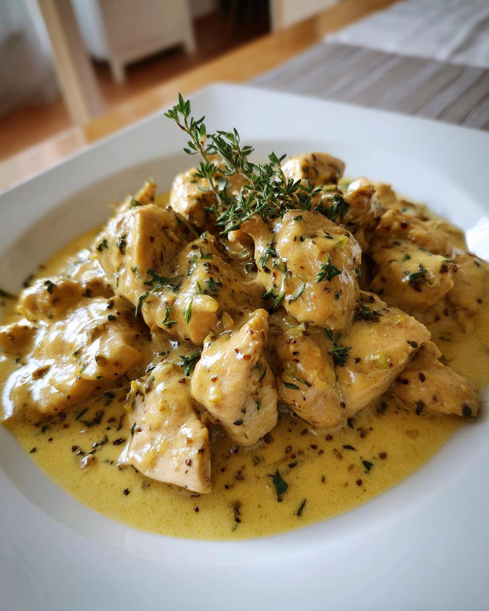 Plato de pollo en salsa cremosa con hierbas frescas, receta sin lactosa faciles