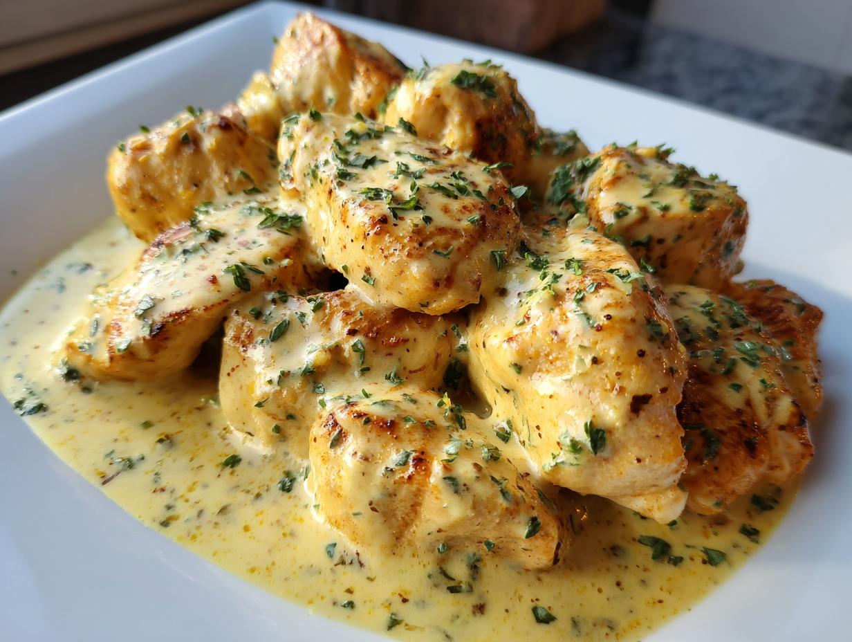Plato de pollo en salsa cremosa con hierbas, receta sin lactosa faciles