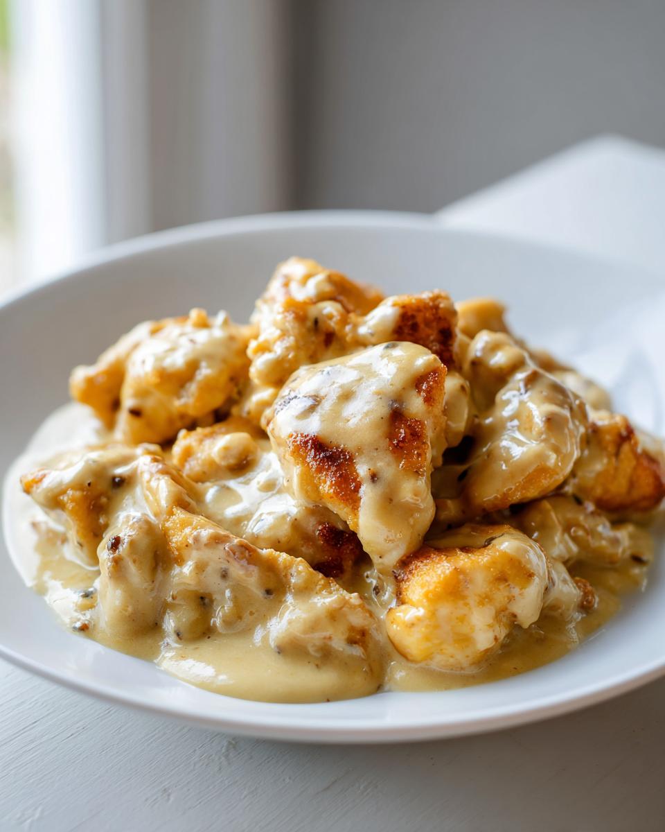 Plato de pollo con salsa cremosa cubierto, receta sin lactosa faciles.
