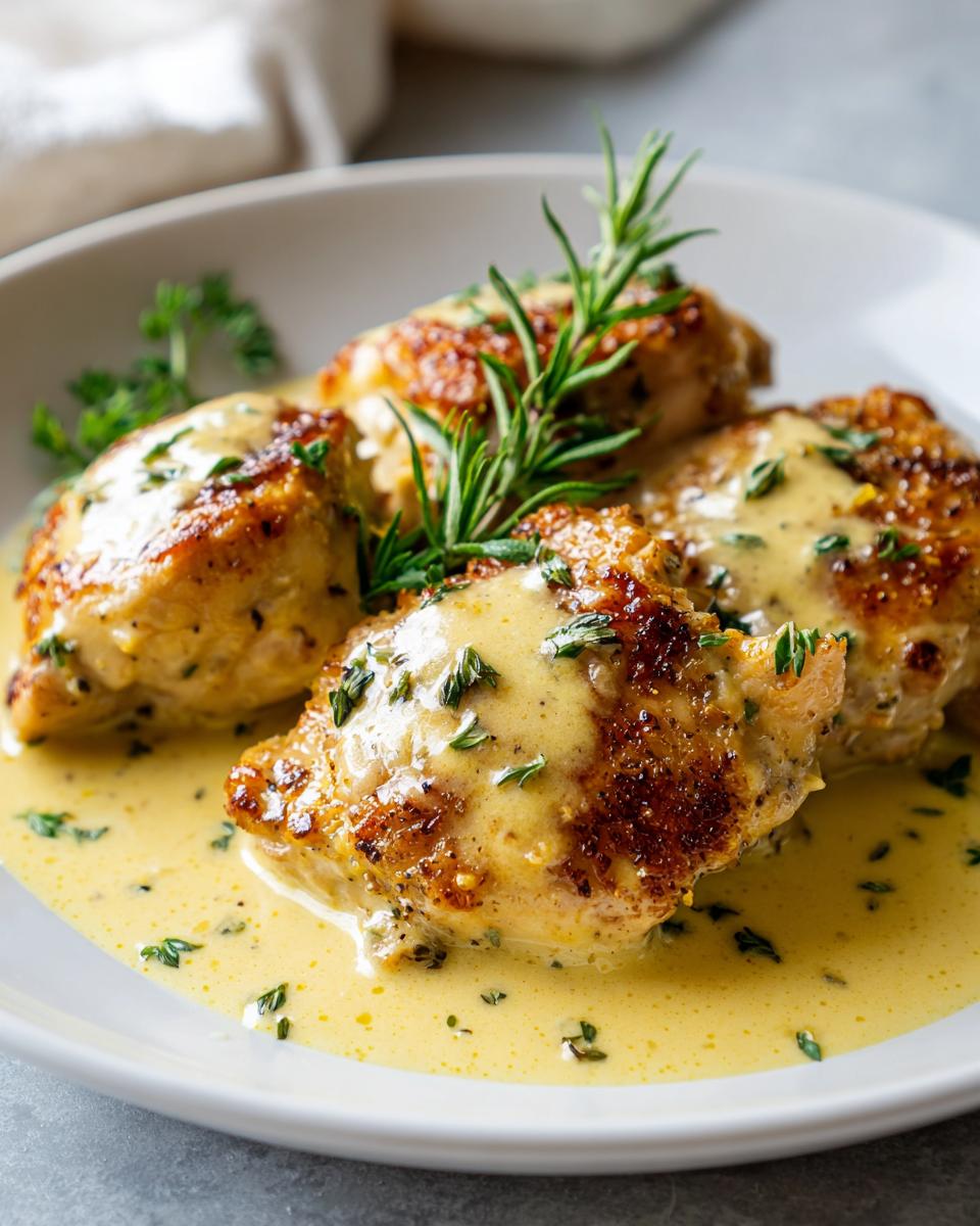 Piezas de pollo con salsa cremosa y hierbas frescas en un plato blanco, receta sin lactosa fáciles