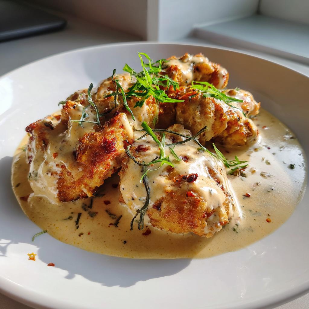 Pollo dorado con salsa cremosa y hierbas frescas en plato blanco, receta sin lactosa faciles