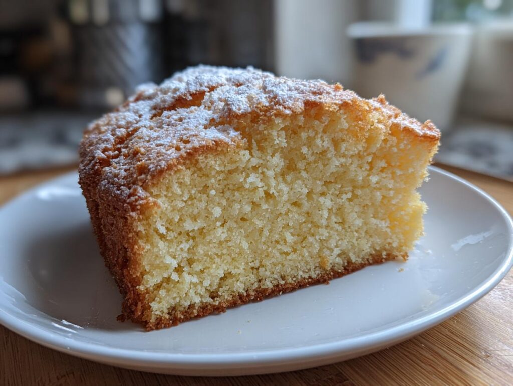 Trozo de bizcocho esponjoso con azúcar glas en un plato blanco