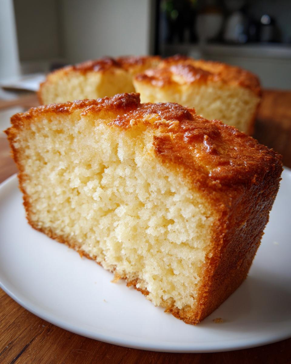 Porción de bizcocho esponjoso con textura suave y dorada sobre plato blanco.