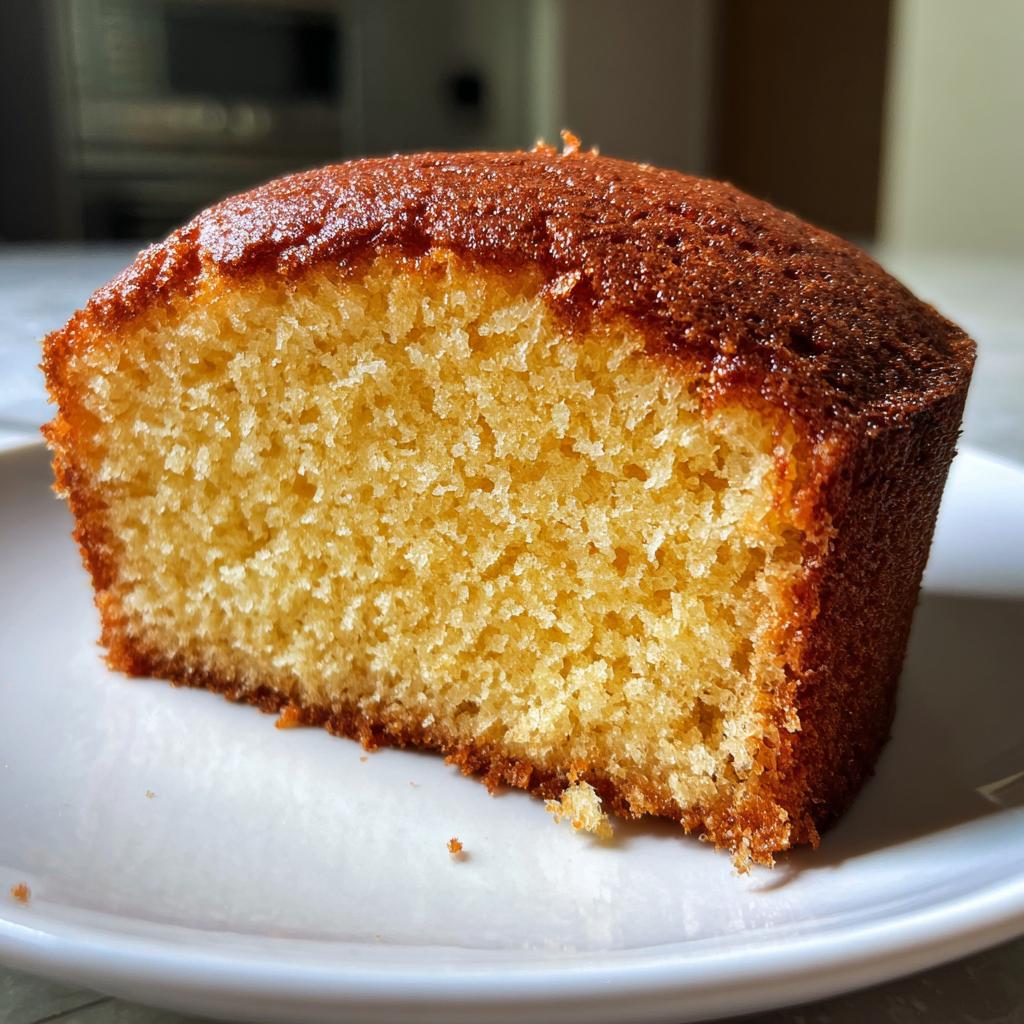Porción de bizcocho esponjoso con textura suave y dorado en un plato blanco.