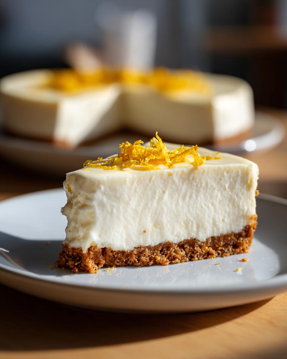 Porción de cheesecake frío de limón con base crujiente y ralladura de limón encima en plato blanco.