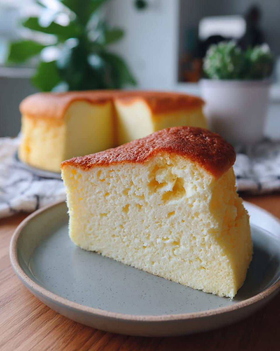 Porción de cheesecake japonés viral con textura esponjosa y dorada en un plato