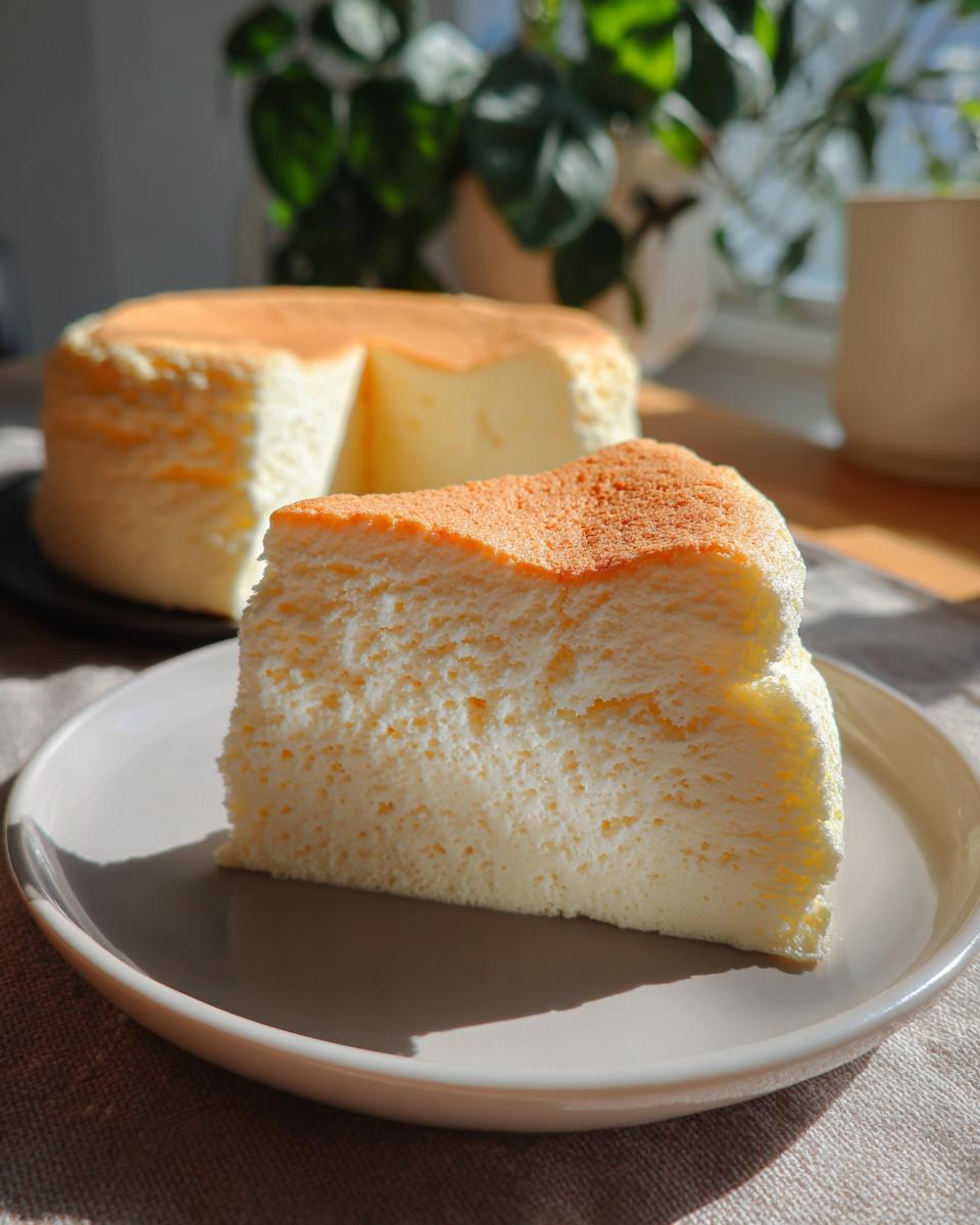 Porción de cheesecake japonés viral esponjoso en un plato blanco con el pastel completo al fondo