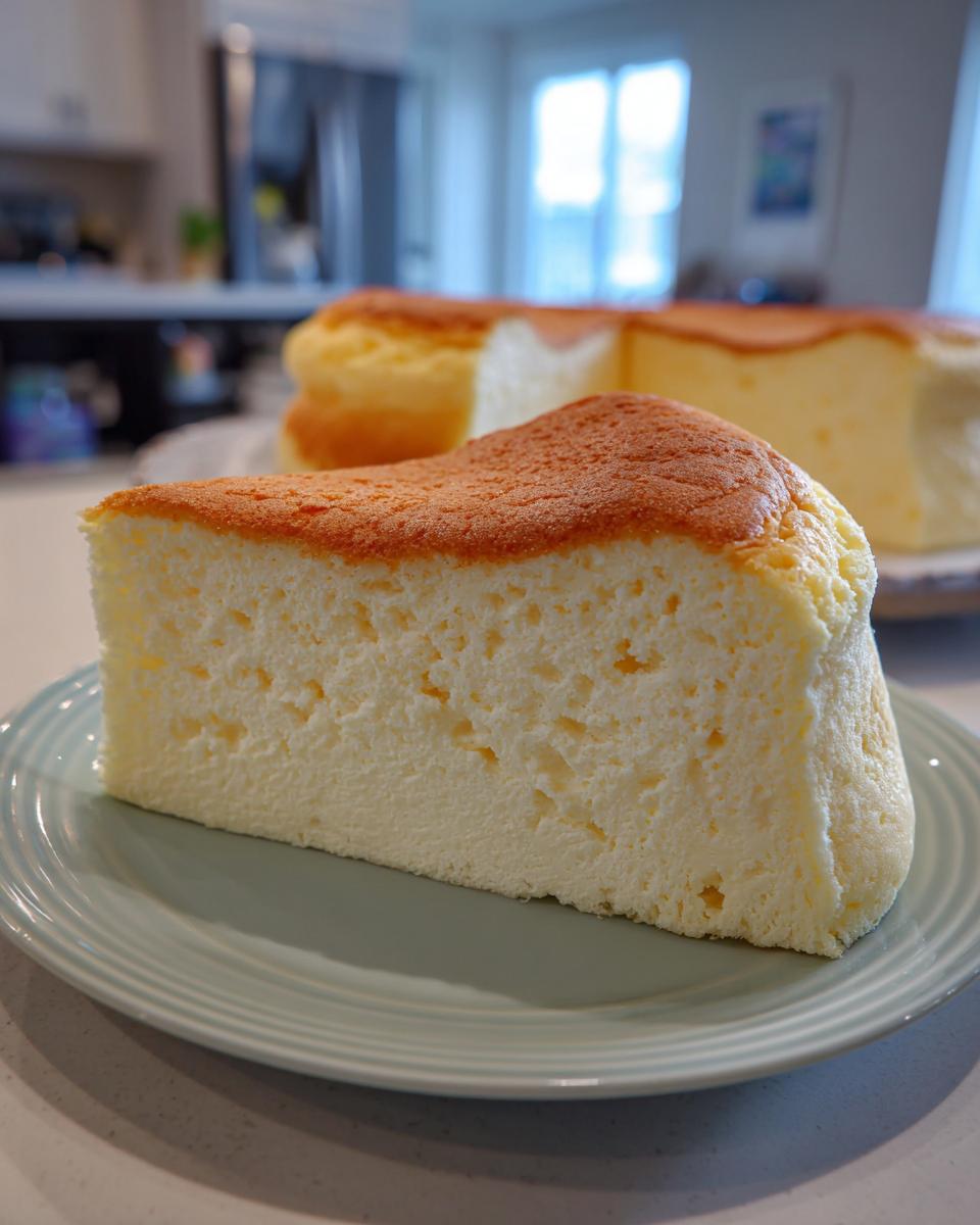 Rebanada de cheesecake japonés viral con textura esponjosa y dorada en un plato