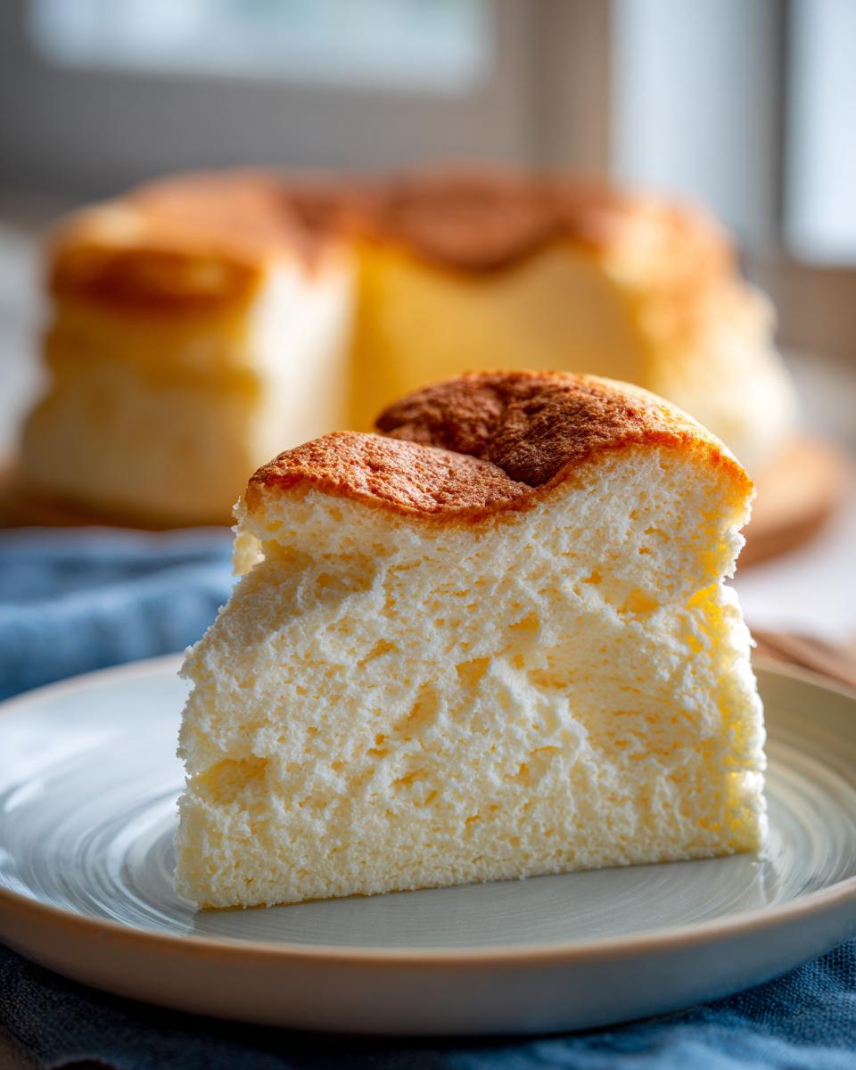 Porción de cheesecake japonés viral con textura esponjosa y dorada en un plato.