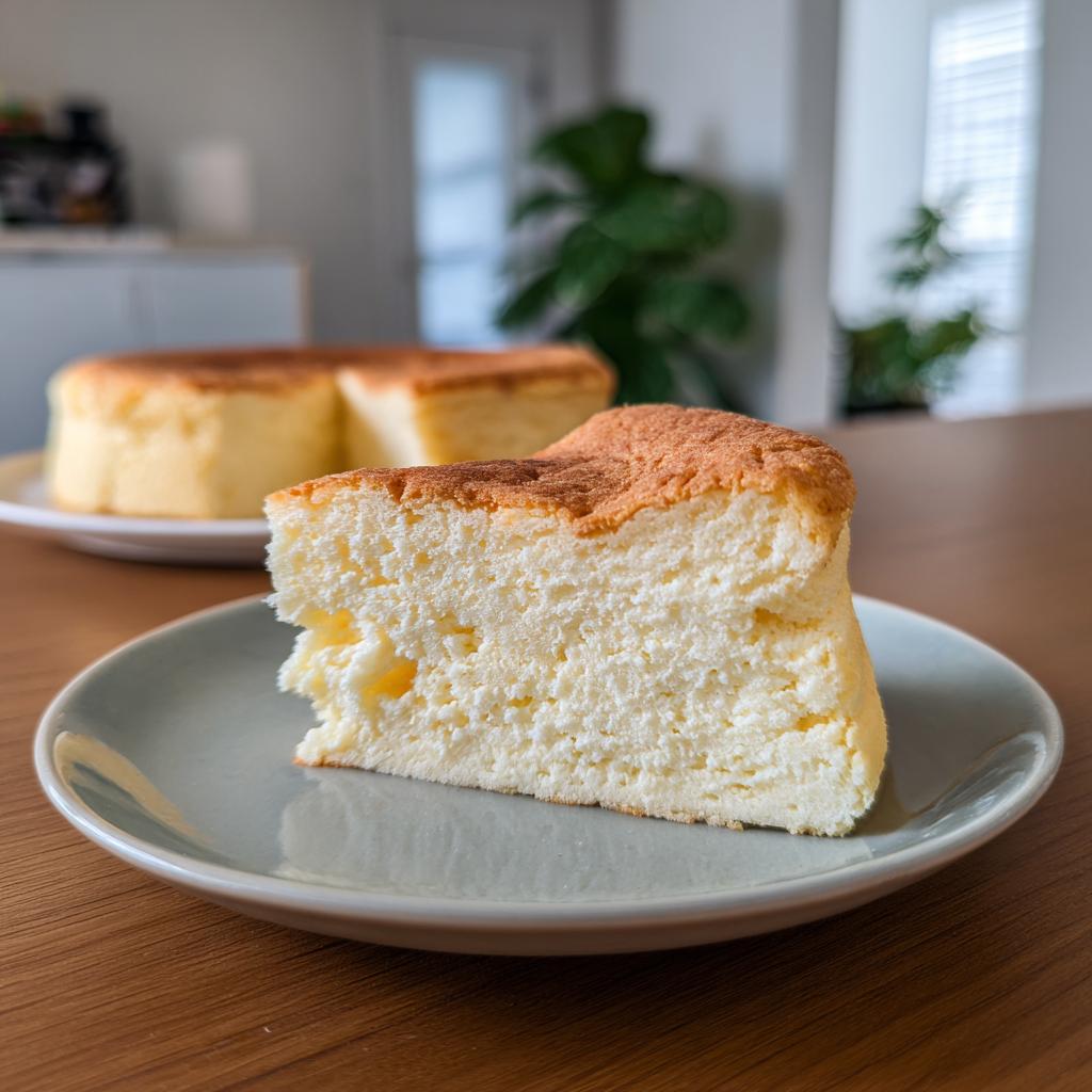 Rebanada de cheesecake japonés viral esponjoso en un plato gris sobre mesa de madera