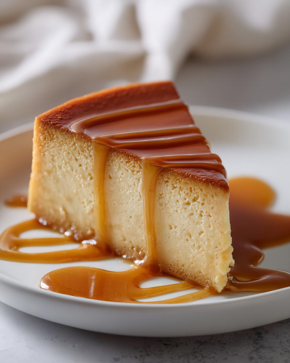 Porción de flan casero tradicional con caramelo líquido sobre plato blanco.