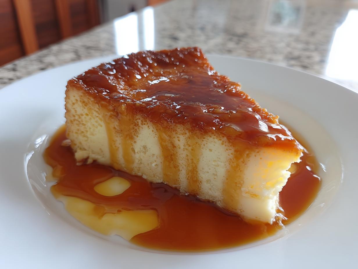 Rebanada de flan casero tradicional con caramelo líquido en plato blanco