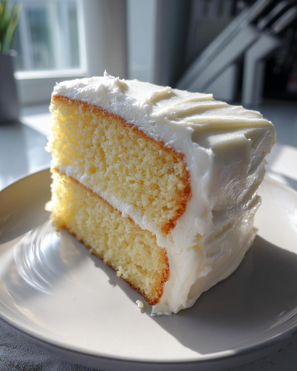 Porción de pastel de vainilla con glaseado blanco en un plato, ideal para recetas para fiestas y cumpleaños