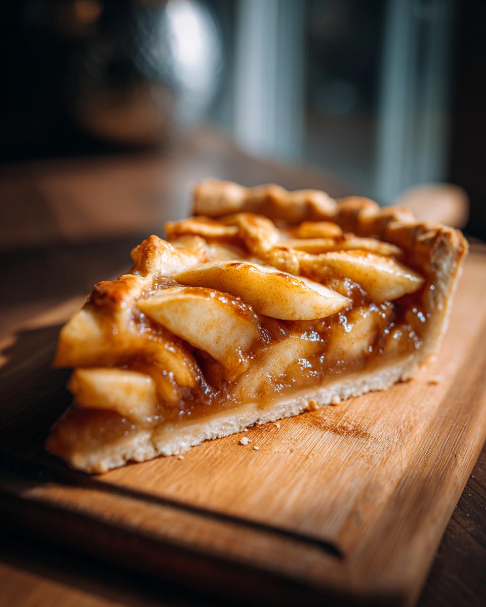 Porción de tarta de manzana casera con relleno jugoso sobre tabla de madera