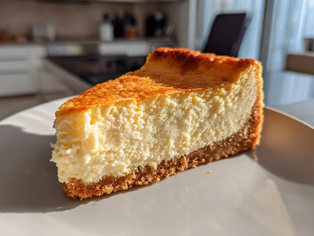 Porción de tarta de queso al horno viral con base de galleta y textura cremosa